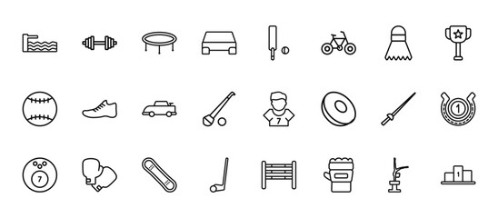 24 set of outline web sport icons such as bodybuilding, cricket, racewalking, fencing, rinkball vector thin icons for report, presentation, diagram, web design, mobile app