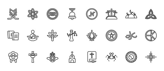 24 set of outline web religion icons such as agticism, nihilism, monk, confucianism, monastery vector thin icons for report, presentation, diagram, web design, mobile app