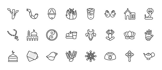 Fototapeta premium 24 set of outline web religion icons such as shofar, hindu, medina, lotus, four species vector thin icons for report, presentation, diagram, web design, mobile app