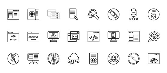 24 set of outline web seo icons such as duplicate, search engine, archive, ux de, computing vector thin icons for report, presentation, diagram, web design, mobile app