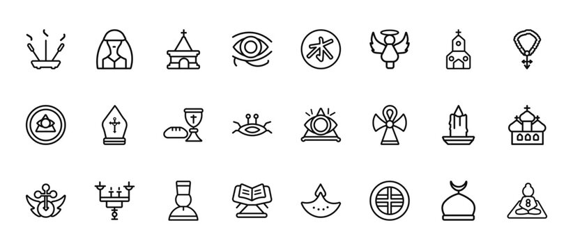 24 set of outline web religion icons such as anglican, confucianism, pope, candle, koran vector thin icons for report, presentation, diagram, web design, mobile app