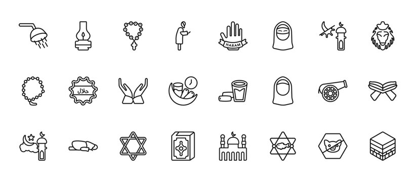 24 set of outline web religion icons such as old oil lamp, haram, islamic halal, eyd gun, mushaf vector thin icons for report, presentation, diagram, web design, mobile app