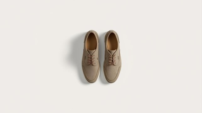 A pair of beige wool sneakers with brown laces viewed from above, set against a plain white background, conveying a minimalist and stylish tone generative ai
