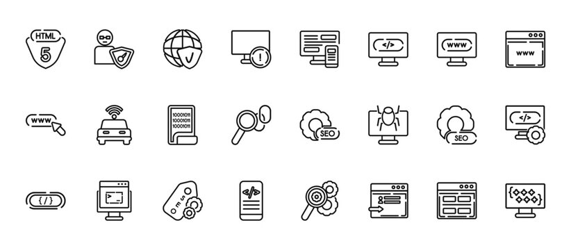 24 set of outline web programming icons such as authorize, adaptive layout, smart car, image seo, mobile development vector thin icons for report, presentation, diagram, web design, mobile app