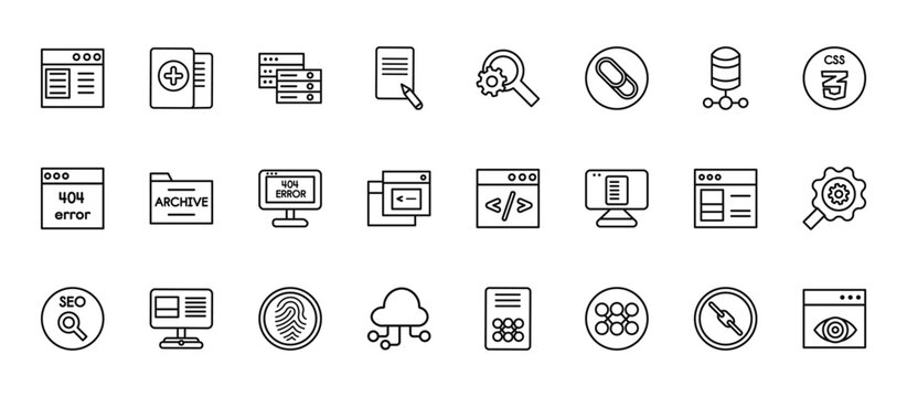 24 set of outline web seo icons such as duplicate, search engine, archive, ux de, computing vector thin icons for report, presentation, diagram, web design, mobile app