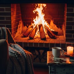 Cozy indoor scene featuring a warm fireplace with burning logs, a comfortable armchair draped with a blanket, and a table with a cup and a lit candle creating a relaxing atmosphere