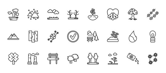 24 set of outline web nature icons such as mountains and falling snowflakes, grows, wood board, fire flame, black ash tree vector thin icons for report, presentation, diagram, web design, mobile app
