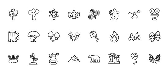 24 set of outline web nature icons such as american beech tree, pair of flowers, the oaks tree, burn, snowed mountains vector thin icons for report, presentation, diagram, web design, mobile app