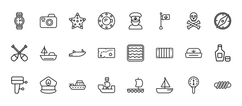 24 set of outline web nautical icons such as water resist camera, ship admiral, yacht facing right, navy hat, pirate ship vector thin icons for report, presentation, diagram, web design, mobile app
