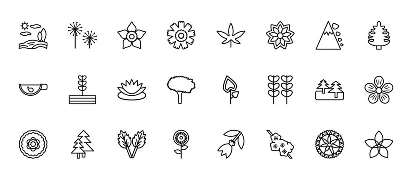 24 set of outline web nature icons such as dandelion, cannabis, plant growing on book, forest, daisy vector thin icons for report, presentation, diagram, web design, mobile app