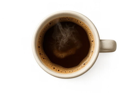 Hot coffee mug with rich crema and rising steam, top view, transparent background for easy integration