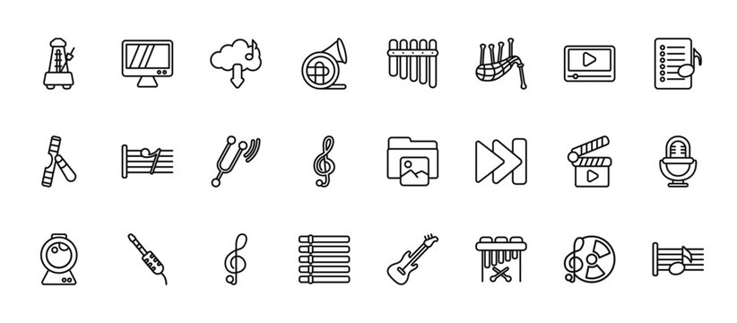 24 set of outline web music and media icons such as television screen off, panpipe, eight note rest, clapperboard play button, dotted barline vector thin icons for report, presentation, diagram, web