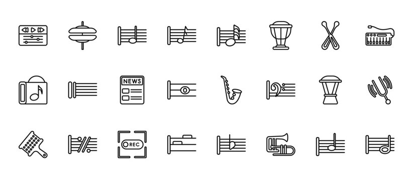 24 set of outline web music and media icons such as cymbal, sixteenth note, bold double bar line, djembe, half rest vector thin icons for report, presentation, diagram, web design, mobile app