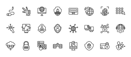 24 set of outline web networking icons such as ddos, ethernet, web traffic, private network, data protection vector thin icons for report, presentation, diagram, web design, mobile app