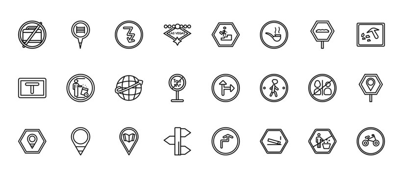 24 set of outline web maps and flags icons such as dormitory, walking up stair, use dust bin, no toileting, divarication vector thin icons for report, presentation, diagram, web design, mobile app