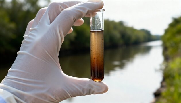 A gloved hand holds a test tube of murky, sediment-heavy water sampled from a river or natural source, highlighting water pollution.