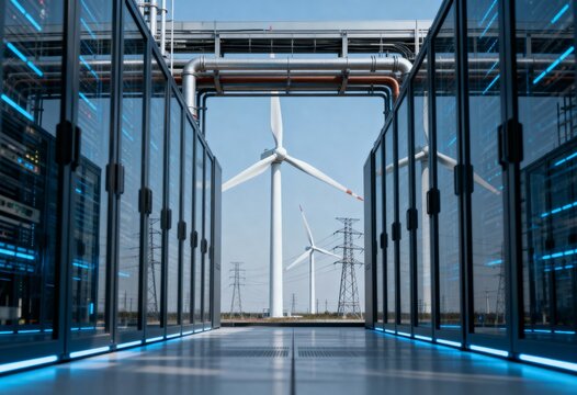 View from inside a server room, blue-lit data racks frame wind turbines and power lines, symbolizing clean energy technology.