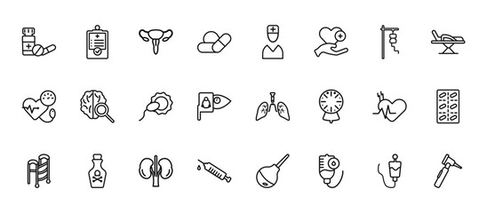 24 set of outline web health and medical icons such as medical result, medical, neurology, heart rate, injection vector thin icons for report, presentation, diagram, web design, mobile app