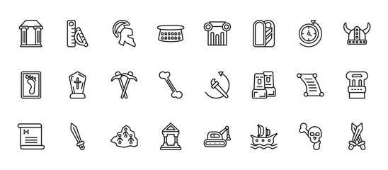24 set of outline web history icons such as ruler, pillars, tomb, cart, pantheon vector thin icons for report, presentation, diagram, web design, mobile app