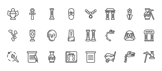 24 set of outline web history icons such as egypt, bracelet, bowl, sphinx, footprint vector thin icons for report, presentation, diagram, web design, mobile app