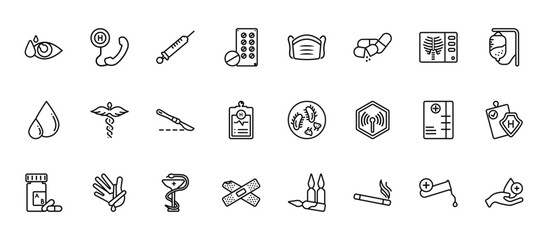 24 set of outline web health and medical icons such as emergency call, medical mask, healthcare, medical history, band aid vector thin icons for report, presentation, diagram, web design, mobile app