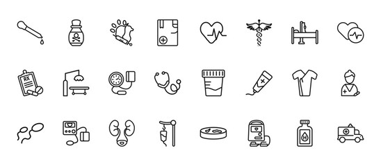 24 set of outline web health and medical icons such as poison, cardiology, surgery, patient robe, intravenous vector thin icons for report, presentation, diagram, web design, mobile app