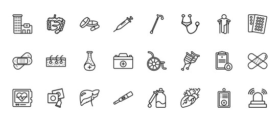 24 set of outline web health and medical icons such as intestine, walking stick, epidermis, blood test, pregnancy test vector thin icons for report, presentation, diagram, web design, mobile app
