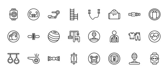 24 set of outline web gymandfitness icons such as muscles, skipping rope, fitness wheel, sport wear, stretching punching ball vector thin icons for report, presentation, diagram, web design, mobile