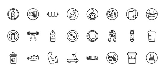 24 set of outline web gymandfitness icons such as women fitness clothing, trainer, weightlifting, water bottle, running hine vector thin icons for report, presentation, diagram, web design, mobile