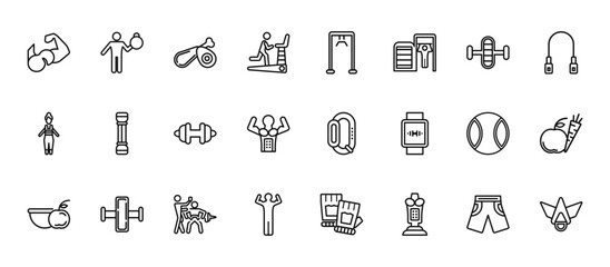 24 set of outline web gym and fitness icons such as lifting weight with right arm, training apparatus, chest expanders, pilates ball, fitness body vector thin icons for report, presentation,