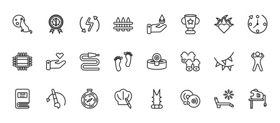 24 set of outline web general icons such as number one medal, save water badge, heart between hands, party decoration, chef hat with a pencil vector thin icons for report, presentation, diagram, web