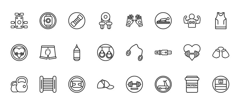 24 set of outline web gymandfitness icons such as pulsometer, fitness gloves, fitness shorts, fitness, headgear vector thin icons for report, presentation, diagram, web design, mobile app