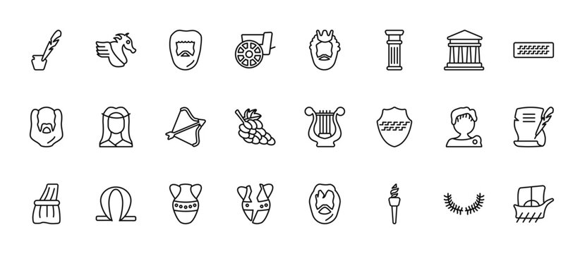 24 set of outline web greece icons such as pegasus, poseidon, muse, alexander the great, broken amphora vector thin icons for report, presentation, diagram, web design, mobile app