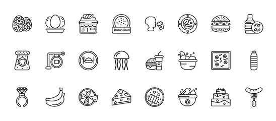 24 set of outline web food icons such as eggs sillhouettes, drinking, cafe bar, shuizhu, cheese wedge vector thin icons for report, presentation, diagram, web design, mobile app