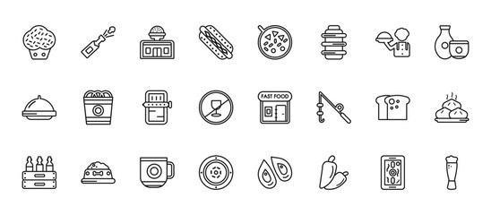 24 set of outline web food icons such as opening a champagne bottle, luosifen, onion rings, loaf of bread, fuqi feipian vector thin icons for report, presentation, diagram, web design, mobile app