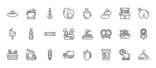 24 set of outline web food icons such as stew, hot chote, champagne bottle, risotto, butter vector thin icons for report, presentation, diagram, web design, mobile app