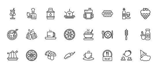 24 set of outline web food icons such as butcher, sippy cup, beers, brochette, shrimps vector thin icons for report, presentation, diagram, web design, mobile app
