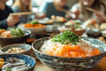 Group enjoying a Japanese meal.  Delicious looking assortment of sushi and rice bowls.  Friends sharing a meal.  Focus on a bowl of salmon rice.