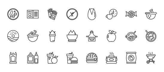 24 set of outline web food icons such as drinks menu, pistachio, worms, snow fungus soup, junk food vector thin icons for report, presentation, diagram, web design, mobile app