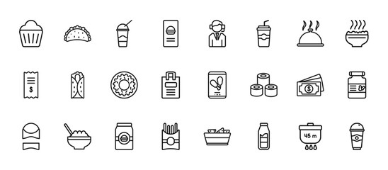 24 set of outline web fast food icons such as taco, operator, burrito, cash, free vector thin icons for report, presentation, diagram, web design, mobile app