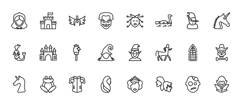24 set of outline web fairy tale icons such as castle, female medusa, palace, stained glass, rapunzel vector thin icons for report, presentation, diagram, web design, mobile app