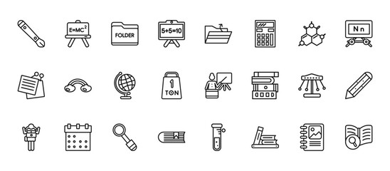 24 set of outline web education icons such as relativity formulae, open file, basic rainbow, swinging, hardbound book vector thin icons for report, presentation, diagram, web design, mobile app