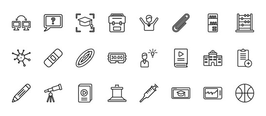 24 set of outline web education icons such as unknown topic, open arms, eraser, old school, podium vector thin icons for report, presentation, diagram, web design, mobile app