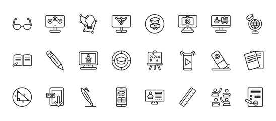 24 set of outline web online learning icons such as abc, graduation, pencil, eraser, mobile learning vector thin icons for report, presentation, diagram, web design, mobile app
