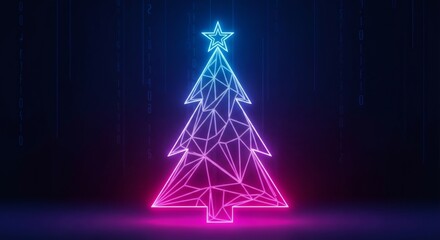 Futuristic neon Christmas tree with glowing star in cyber background. Digital holiday celebration and Merry Christmas concept.