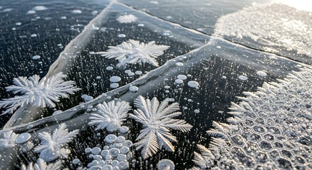 Close-up of intricate ice patterns and snowflake formations on a frozen surface with bubbles and textures in a natural winter scene