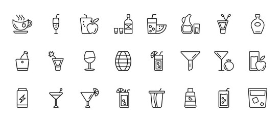 24 set of outline web drinks icons such as ramos gin fizz, watermelon juice, bloody mary, pomegranate martini, tequila sunrise vector thin icons for report, presentation, diagram, web design, mobile