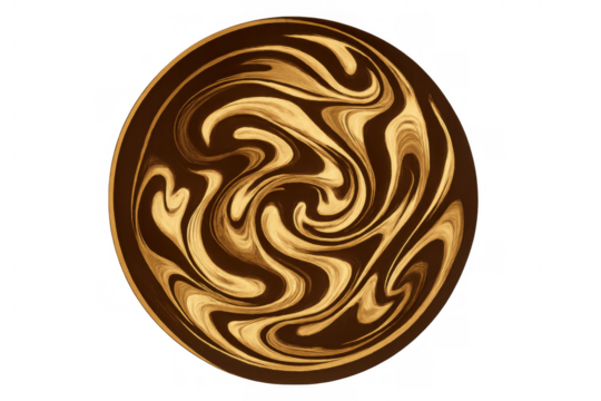 Coffee or chocolate latte art swirl pattern on a drink with creamy texture, abstract liquid ripples, brown and gold fluid mixing