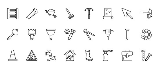 24 set of outline web construction tools icons such as wedge tool, gardening digger, builder brush, nail, home repair vector thin icons for report, presentation, diagram, web design, mobile app