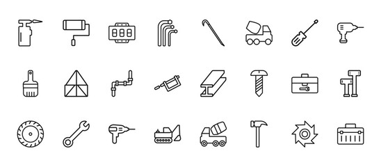 24 set of outline web construction icons such as paint roller, crowbar, joist, toolbox, excavator vector thin icons for report, presentation, diagram, web design, mobile app